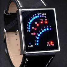 Ohsen Blue Red Led Light Quartz Black Leather Waterproof Mens Sport Watch