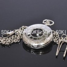 Open Face Analog Silver Case Black Dial Quartz Mens Pocket Watch Gift W007