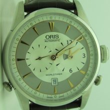 Oris Artelier World Timer Men's Brown Leather Automatic Watch 690-7581-4051