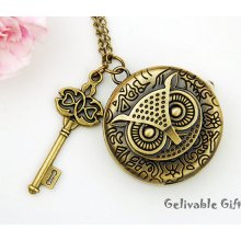 Owl Pocket Watch Necklace-wih antique brass key NWO03