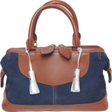 OZ Navy Doctor Bag nobuk style leather purse. Navy blue and camel, genuine leather, tote, handbag