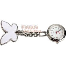 P4pm Butterfly Nurse Table Pocket Watch With Clip Brooch Chain Quartz White