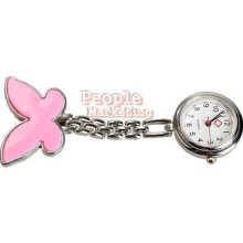 P4pm Butterfly Nurse Table Pocket Watch With Clip Brooch Chain Quartz Pink