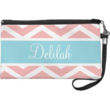 Peach Pink Blue Chevron Custom Wristlet