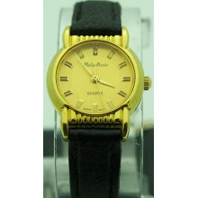 Philip Persio Women's Gold Tone Gold Dial Black Leather Strap Watch Japan Movt