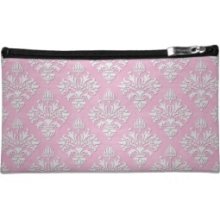 Pink and White Floral Damask Pattern Cosmetic Bags