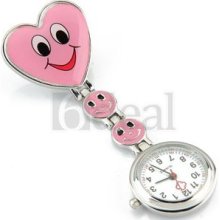 Pink Heart Quartz Movement Clip Nurse Brooch Tunic Watch Smiley Face