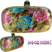 Pink Peach Knuckle Duster Skull Box Metallic Evening Clutch Bag Floral Handbag