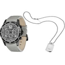 Police Men's Watch And Dog Tags Gift Set, Quartz Watch With Grey Dial Analogue Display And Grey Leather Strap Dl34.69Pl