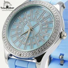 Powder Blue Diamond Bezel Womens Watch - Stainless Steel - Blue - 8.5