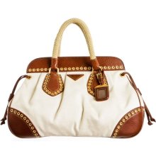Prada Cream Canvas and Leather Grommet Handbag