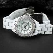 Precise Women's Quartz Wirst Watch White Thin 3-even Watchband Bling Decoration