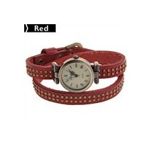 Pu Leather Quartz Analog Wrist Bracelet Watch Bangle Wristlet With Rivet Red