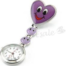 Purple Heart Quartz Movement Nurse Brooch Tunic Pendant Watch Round Dial