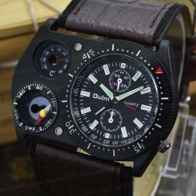 Quartz Men Military Army Big Face Analog Outdoor Wrist Watch Brown Leather Strap