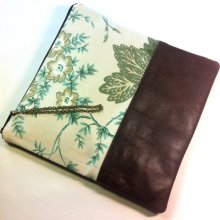 Recycled Leather and Reclaimed Fabric Square Foldover Clutch, Brown and Green floral print