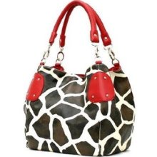 Red Large Vicky Giraffe Print Faux Leather Satchel Bag Handbag Womans Purse