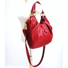 Red leather purse, pleated satchel, large bag, convertible backpack, Slouchy bag, GOLD hardware