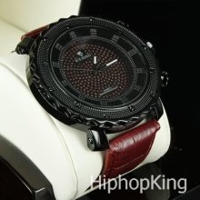 Red On Black Iced Out 2 Pac Style Fashion Leather Custom Watch Steel Back