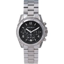 Republic Women s Glitz Japanese Quartz Black Dial Crystal Accent Stainless Steel Bracelet Watch