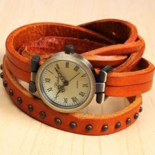 Retro Roman Style Dial Number Punk Rivets Leather Band Wrist Watch Gift Coffee