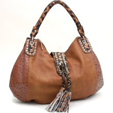 Rhinestone Fashion Hobo w/ Ostrich Texture and Animal Print Trim4