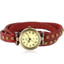 Rivet Decorated Three-Loops Cowhide Bracelet Analog Watch (Red)