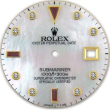 Rolex Submariner 2 Tone Yellow Gold White Mop Serti Diamond + Ruby Dial
