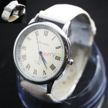 Roman Numeral Sign Classic Automatic Time White Leather Band Read Quartz Watch