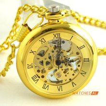 Roman Numerals Golden Hand-winding Mechanical Pocket Open-face Watch + Chain