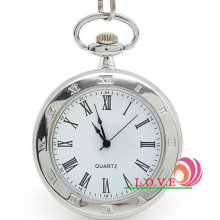 Roman Numerals Silver Alloy White Dial Quartz Pocket Watch