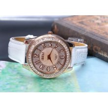 Rose Golden Dial Crystal Plated Case White Band Women Ladies Wrist Watch