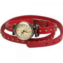 Round Studs Cow Leather Roman Numbers Dial Bracelet Bangle Wrist Watch Red