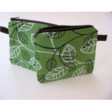 SALE Small Zippered Pouch, notions bag, Green Leaves fabric with loop, brown zipper