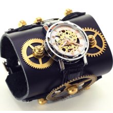 SALE Steampunk Leather Watch Cuff with Skeleton Face and Brass Clock Gears