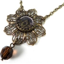 SALE - Victorian Revival Necklace - Antique Button - Amber Mocha Gold Drop Crystal - Edwardian Elegance