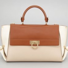 Salvatore Ferragamo Sofia Colorblock Flap Satchel Bag, Almond