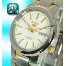 Seiko 5 Latest Mens Two Tone Auto White Face Day & Date Snka08k1