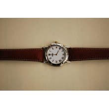 Seiko Quartz Watch Chrome Case Leather Strap Brown Unisex