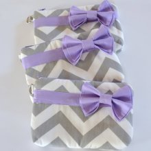 Set of 3 Bridesmaid Bridal Clutch Bridesmaid Pouch Cosmetic Case Bridal Accessories Zippered Grey & White Chevron with Light Purple Bow