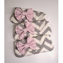 Set of 3 Bridesmaids Clutch Bridesmaid Pouch Bridal Clutch Bridal Accessories Cosmetic Case Grey & White Chevron with Light Pink Bow