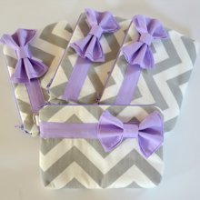 Set of 4 Bridesmaid Bridal Clutch Bridesmaid Pouch Cosmetic Case Bridal Accessories Zippered Grey & White Chevron with Light Purple Bow