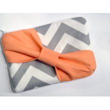 Set of 6 Bridesmaids Clutch Bridesmaid Pouch Cosmetic Case Accessory Pouch Zippered Grey & White Chevron with Orange Diagonal Bow