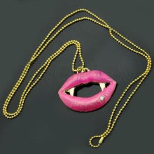 Sexy Lips Kiss Me Vampire Fangs Flames Long Necklace