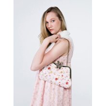 Silk Floral Clutch Purse with Bronze Brass Butterfly Rose Kiss Lock Double Metal Frame