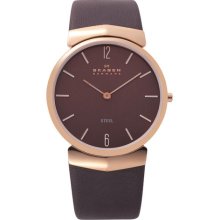 Skagen 695xlrld Men's Denmark Brown Leather Band Brown Dial Rose Gold Tone Watch