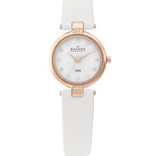 Skagen Denmark Women's Leather Watch Nwt, Rose Gold Tone, White Leather Band