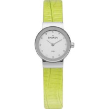 Skagen Denmark Womens Watch Silver Round Glitz Green Leather Band 358xsslg8