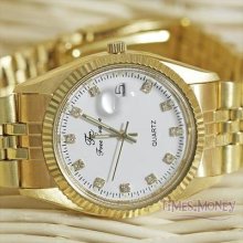 Small Date Mens Quartz Wrist Watches Golden Stainless Steel Band White Crystal