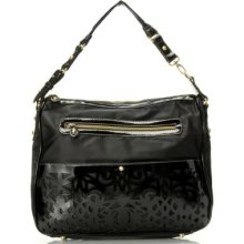 Sondra Roberts Zip Top Laser Cut Patent Nylon Hobo Bag